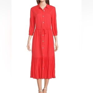 Lands' End Women's 1XL Orange Viscose Midi Shirt Dress Ruffle Hem Drawstring